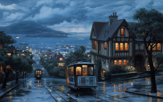 Trolley car rainy night city 6 - kinkade free wallpaper