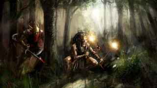 Man holding sword forest two - two other man free wallpaper