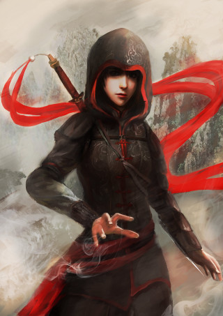 Woman hooded sword red scarf - epic fantasy character art free wallpaper