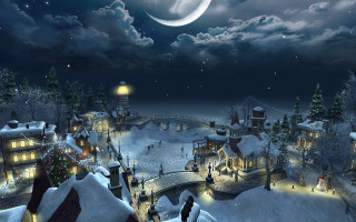 Snowy town full moon clock - evgeny lushpin free wallpaper