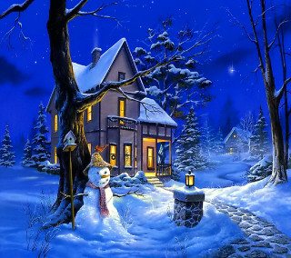 Snowman house night tree painting - naive free wallpaper