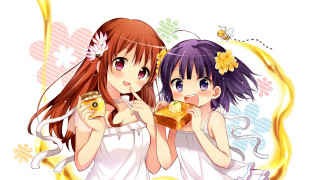 Girls eating food floral background - a bee free wallpaper
