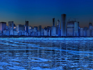 City skyline ice water boat - ice free wallpaper