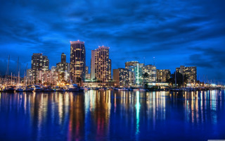 City skyline harbor boats night 2 - everett warner free wallpaper