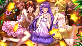 Three girls dresses sitting bed 2 - one girl free wallpaper