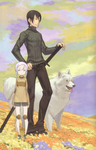 Man white dog field flowers - ufotable free wallpaper