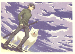 Man white dog beach clouds - awataguchi takamitsu free wallpaper