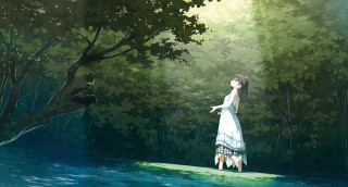 Woman forest river bird flying - ufotable free wallpaper