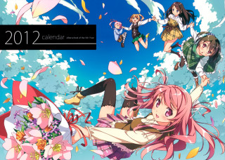 Anime girls flying flowers bouquet - serial art free wallpaper