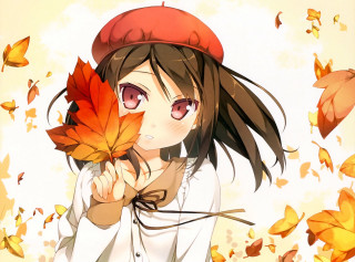 Girl holding leaf hat head - a leaf free wallpaper