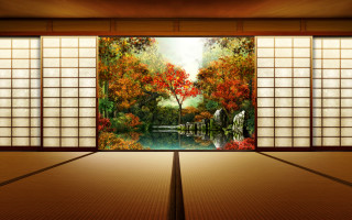Room painting landscape window forest - a painting of a landscape free wallpaper