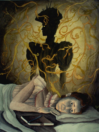 Woman bed man book painting - a painting of a woman free wallpaper