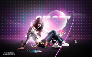 Girl sitting heart neon background - object free wallpaper