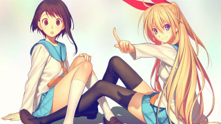 Anime girls sitting pointing together - serial free wallpaper