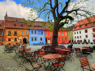 Courtyard tables chairs tree buildings - painted free wallpaper