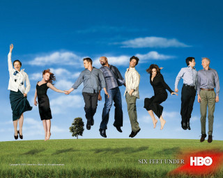 Jumping people blue sky clouds - poster free wallpaper