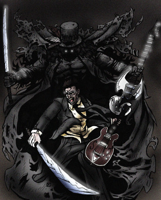 Man suit tie guitar knife - sōsaku hanga free wallpaper