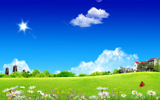 House hill flowers butterfly sky 2 - a painting of a house free wallpaper