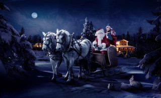 Santa sleigh horses snow night - two horse free wallpaper