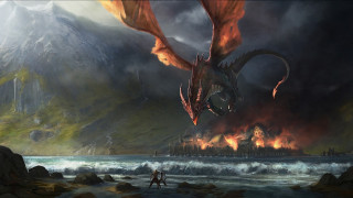 Dragon flying water mountain castle - dragon art free wallpaper