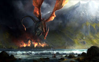 Dragon flying city mountain man - dragon art free wallpaper