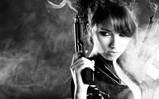 Woman holding gun smoking cigarette 2 - noir free wallpaper