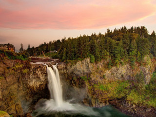Waterfall bridge forest sunset pink - a pink sky above free wallpaper