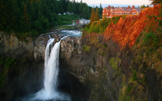 Waterfall river trees building cliff - twin peak free wallpaper