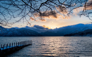 Lake dock mountains sunset dawn - a matte painting free wallpaper