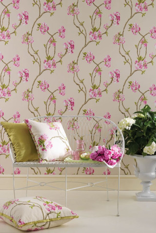 White bench pink flowers wallpapered - a flemish baroque free wallpaper