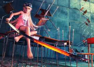 Girl chair sword building wall - her hand and a building in the background free wallpaper