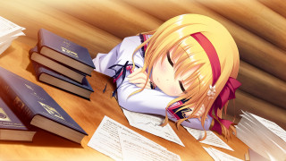 Girl sitting table books papers - a girl sitting free wallpaper