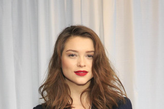 Woman longhair blackjacket curtains polaroid - a white curtain behind her free wallpaper