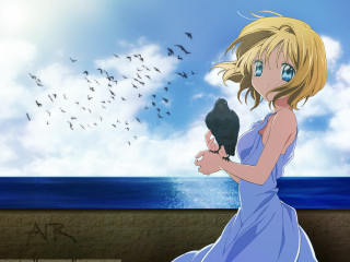 Girl blue dress bird ocean - overhead free wallpaper