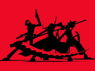 Couple people standing air guns - context art free wallpaper