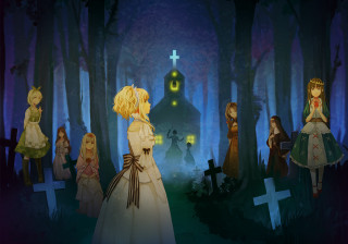Group people cross forest night - in a forest free wallpaper