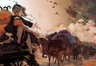 Woman horse carriage rainbow birds - overhead free wallpaper