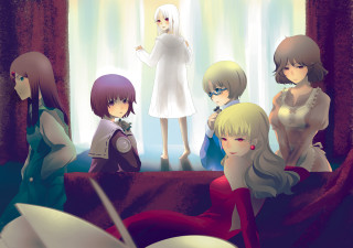 Anime girls window book man - behind them free wallpaper