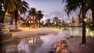 Beach palm trees city dusk - elizabeth durack free wallpaper