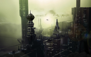 Futuristic city plane flying over - cedric peyravernay free wallpaper