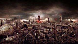 Futuristic city smoke buildings sky - matte painting concept art free wallpaper