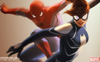 Woman spider suit man suit - their arm free wallpaper for desktop