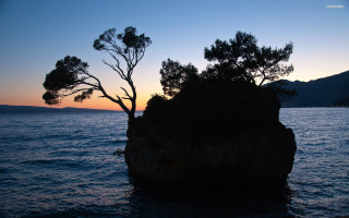Tree rock water sunset mountain - a rock free wallpaper