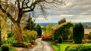 Road tree house cloudy sky - both side free wallpaper