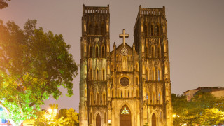 Cathedral clock night people trees - the front of it free wallpaper