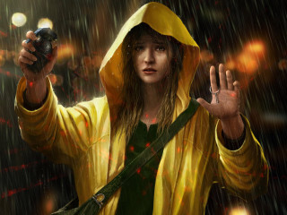 Woman yellow raincoat camera rain 2 - art station free wallpaper