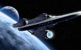 Spaceship flying blue planet moon - the side of the ship free wallpaper