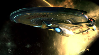 Spaceship flying through space stars - yellow light free wallpaper