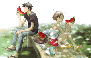 Couple bench watermelon slices bowl - summer free wallpaper for desktop