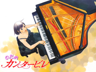 Woman sitting piano caption reading - everyone free wallpaper